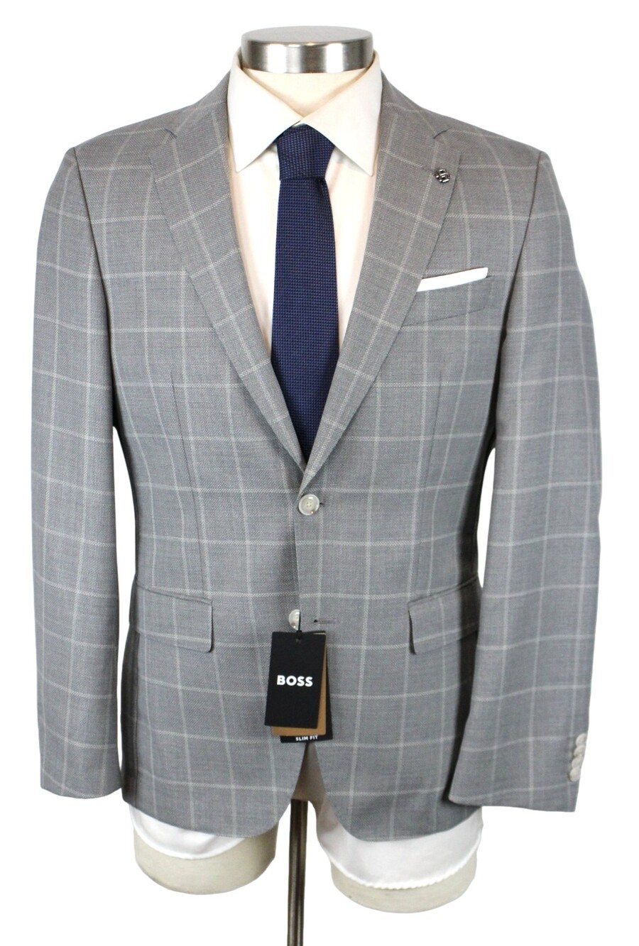Hugo Boss Hutson Sport Coat 36 R Mens Slim Fit Wool Grey Windowpane Blazer